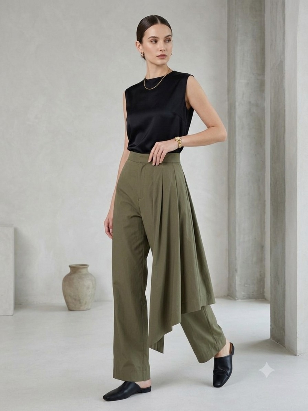 DEVEAUX New York Skirt Overlay Trousers Olive Green Size 2 Wide Leg High Rise NW